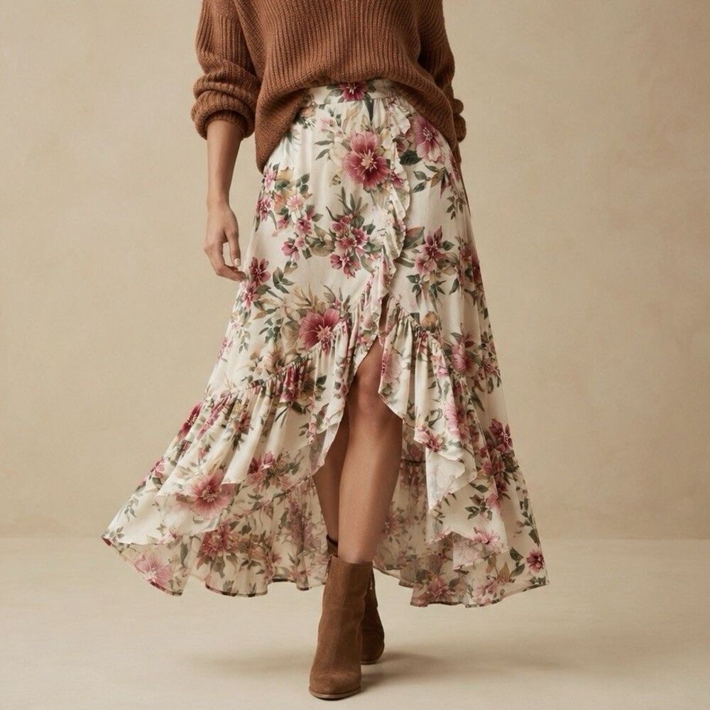 American Eagle Floral Maxi Skirt M NWT Cottagecore Boho Ruffle High Low Viscose
